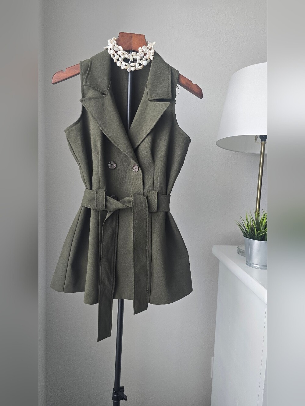 Vintage 90s Olive Green Vest Blazer Size S Double Breasted Belted Trench Vest